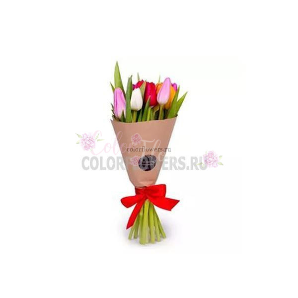 Разноцветые тюльпаны в крафте 15 штук